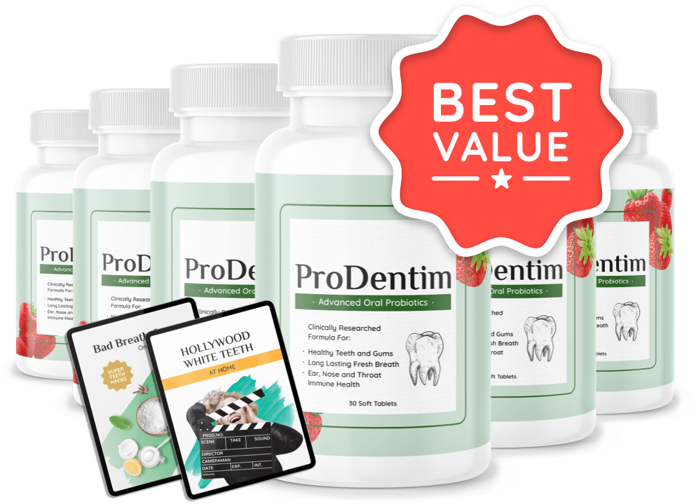 Prodentim six bottles with free bonuses and banner